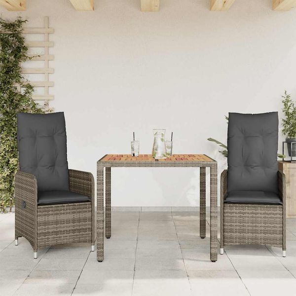 vidaXL 3-dielna záhradná bistro súprava s vankúšmi sivá polyratan