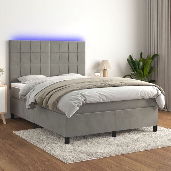 vidaXL Posteľ boxsping s matracom a LED bledosivá 140x200 cm zamat