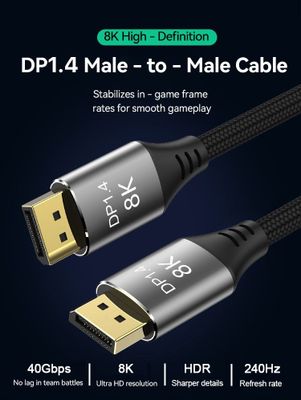 PremiumCord 8K DP1.4 9m PremiumCord DisplayPort 1.4 prípojný kabel 32,4Gbit/s, rozlišení 8K, kovové a zlacené konektory, 9m