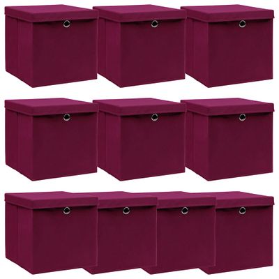 vidaXL Úložné boxy s vekom 10 ks, tmavočervené 32x32x32 cm, látka