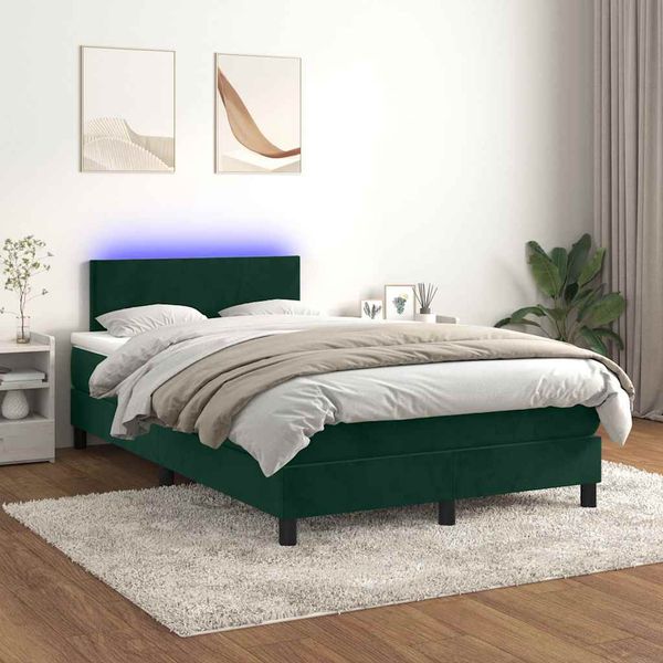 vidaXL Posteľný rám boxsping matrac a LED tmavozelený 120x200 cm zamat