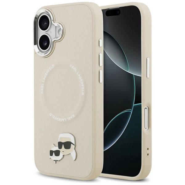 Puzdro Karl Lagerfeld Magsafe PU puzdro s kolíkmi Karl&Choupette heads pins, logom a kovovými tlačidlami fotoaparátu pre iPhone 17 béžová