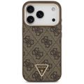 Guess Case Magsafe 4G PU kožené puzdro s trojuholníkovým logom a zlatým kovovým rámom fotoaparátu pre iPhone 17 Pro hnedá