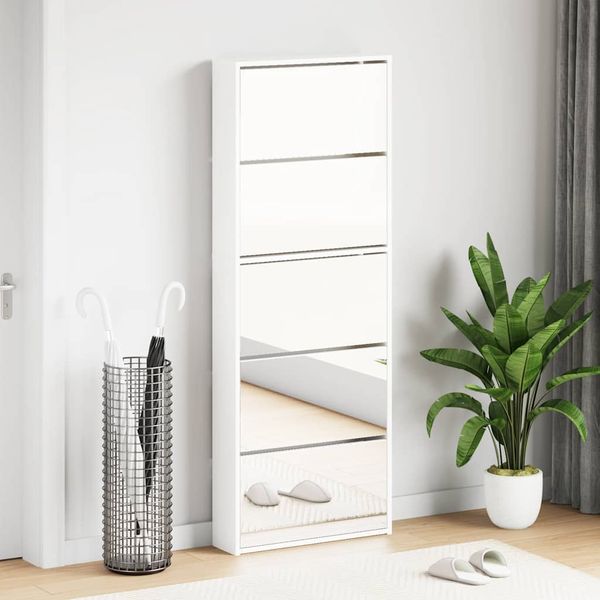 vidaXL Botník so zrkadlom 5-poschodový lesklý biely 63x17x169,5 cm