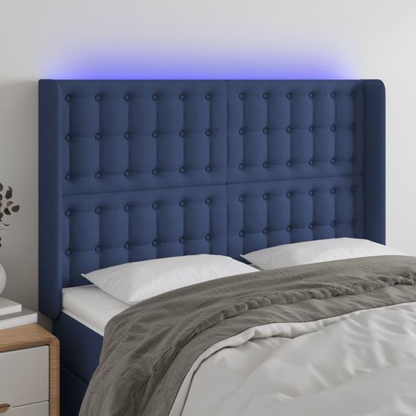 vidaXL Čelo postele s LED modré 147x16x118/128 cm látka
