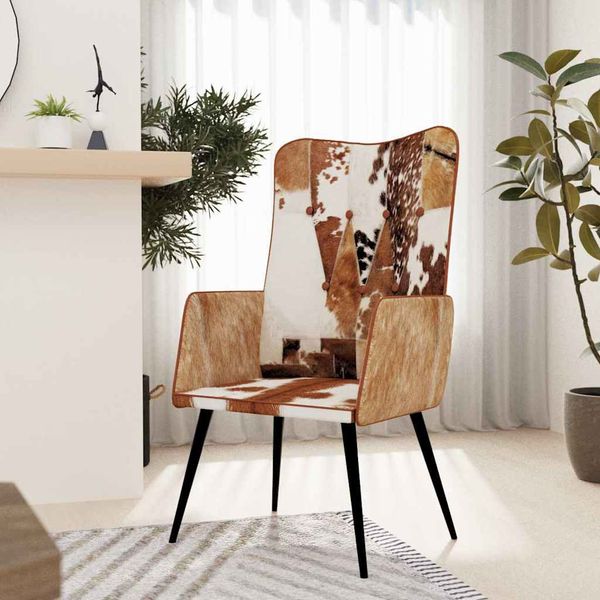 vidaXL Chlpaté kreslo wingback hnedé a biele pravá koža