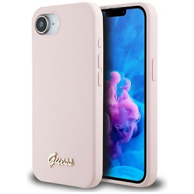 Puzdro Guess HC Silicone Script Metal Logo pre iPhone 16e Ružové