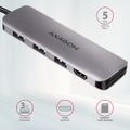 AXAGON HMC-HCR3A, USB 3.2 Gen 1 hub, porty 3x USB-A, HDMI 4k/30Hz, SD/microSD, kábel USB-C 20cm Replikátor portu, USB-C na 3x USB 3.0, 1x HDMI, 1x SD slot, 1x microSD slot, striebro-cerný