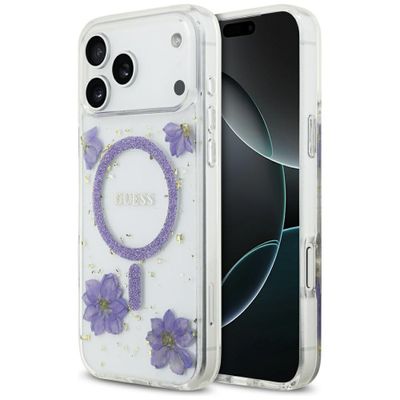 Guess Resin Flowers Glitter MagSafe puzdro pre iPhone 17 Pro Max fialové