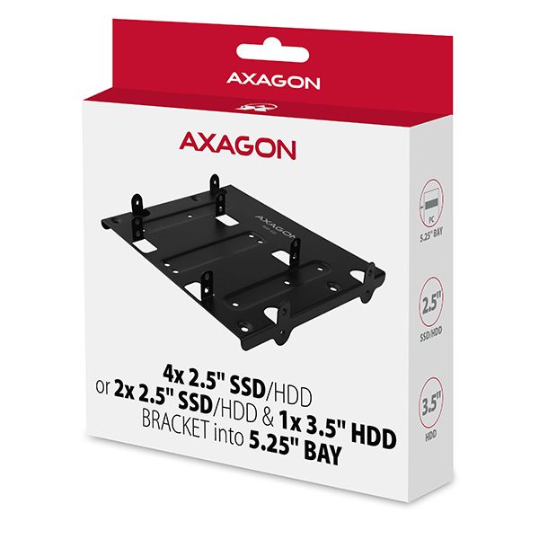 AXAGON RHD-435, kovový rámček pre 4x 2,5" alebo 2x 2,5" HDD/SSD a 1x 3,5" HDD do 5,25" pozície Rámček, interný, kovový, pre 4x 2,5" disk alebo 2x 2,5" + 1x 3,5" disk, do 5,25" pozície, čierny