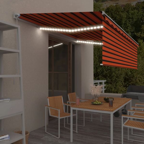 vidaXL Ručne zaťahovacia markíza s tienidlom a LED 5x3m oranžovo-hnedá