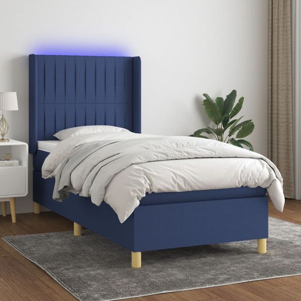 vidaXL Posteľ boxsping s matracom a LED modrá 90x190 cm látka