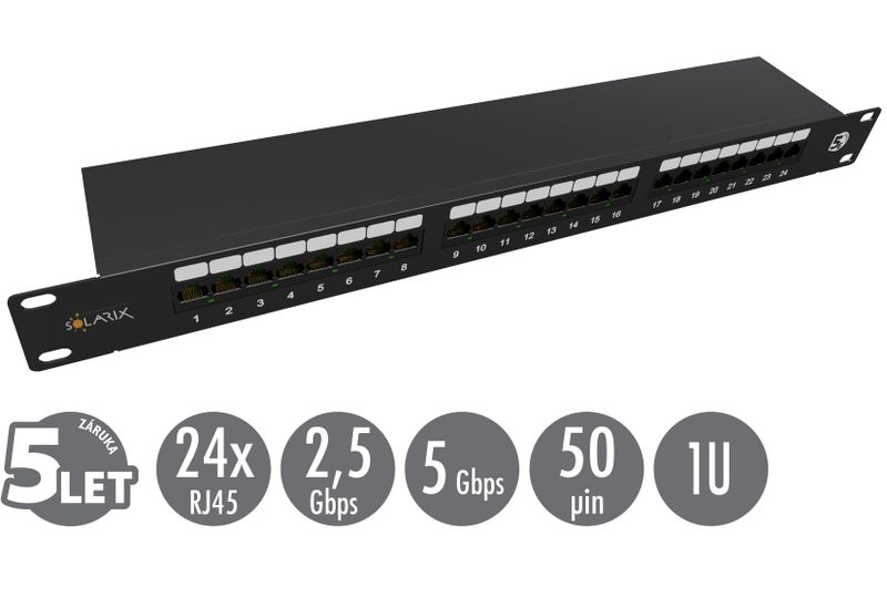 19'' patch panel Solarix 24 x RJ45 CAT5E STP 1U SX24-5E-STP-BK-N