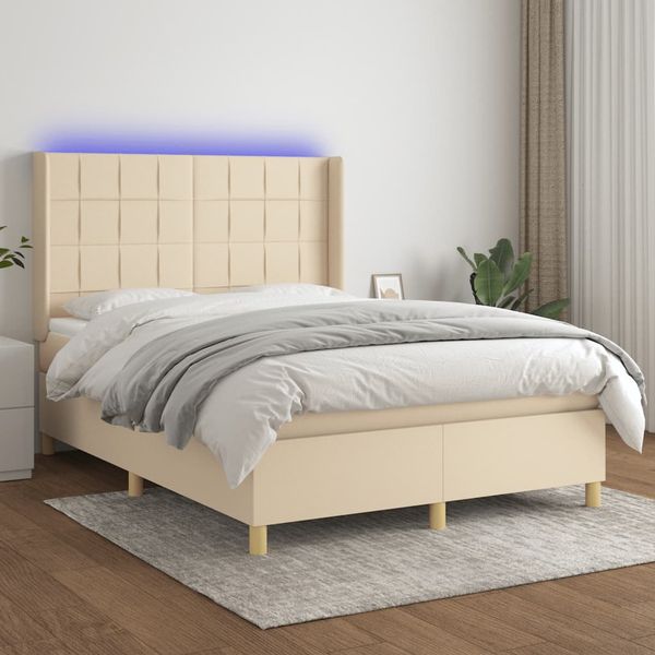 vidaXL Posteľ boxsping s matracom a LED krémová 140x190 cm látka