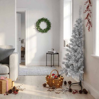 vidaXL Umelý polovičný vianočný stromček+stojan, strieborný 150 cm