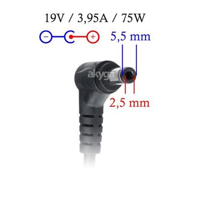 TRX Akyga 75W napájacia súprava/ nabíjačka/ Asus/ HP/ Toshiba/ 19V/ 3.95A/ 5.5x2.5mm konektor/ neoriginálna Napájacia súprava, nabíjačka, pre Asus, HP, Toshiba, 19 V, 3,95 A, 5,5 x 2,5 mm konektor, neoriginálna