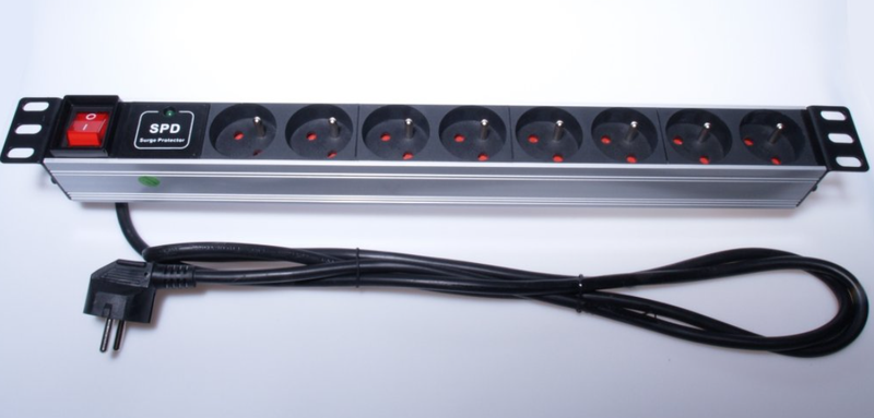 PremiumCord Panel napájací 1U do 19'' racku, 8x230V, prepäťová ochrana, 2m kábel, vypínač