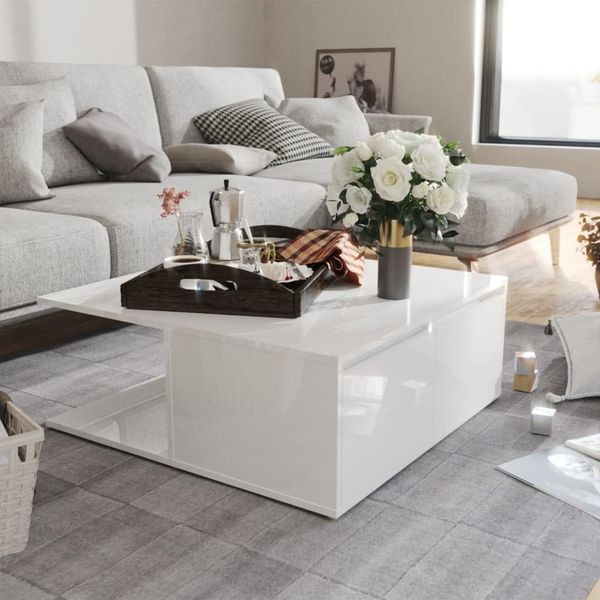 vidaXL Konferenčný stolík lesklý biely 80x80x31cm drevotrieska