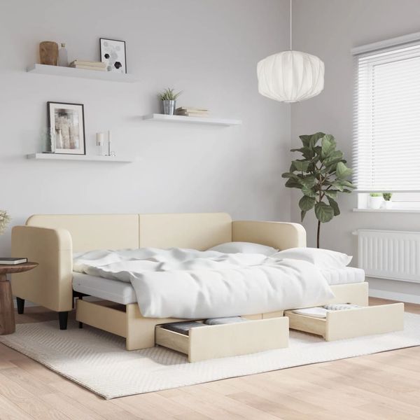 vidaXL Rozkladacia denná posteľ so zásuvkami krémová 90x200 cm látka