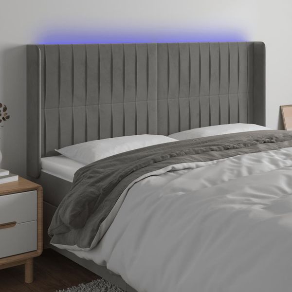 vidaXL Čelo postele s LED bledosivé 183x16x118/128 cm zamat