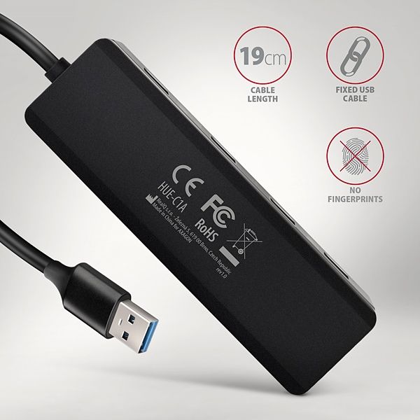 AXAGON HUE-C1A, 4x USB 5Gbps TRAVEL hub, USB-C napájací konektor, kábel USB-A 19cm USB Hub, externý, 4× USB 3.0, 0,19m, čierny