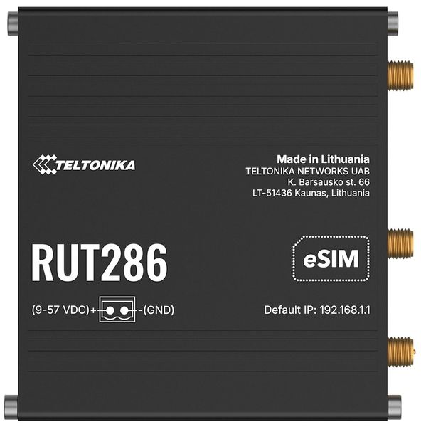 Teltonika RUT286 průmyslový router   1x LAN, 1x WAN, RS232/485. 2x SIM + eSIM, LTE Telit, Wi-Fi 4 Router, LTE Cat 4, RS232, RS485, Modbus, DNP3, DLMS, eSIM, Wi-Fi 4, 9–57 VDC, PoE, RutOS