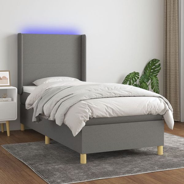vidaXL Posteľ boxsping s matracom a LED tmavosivá 90x200 cm látka