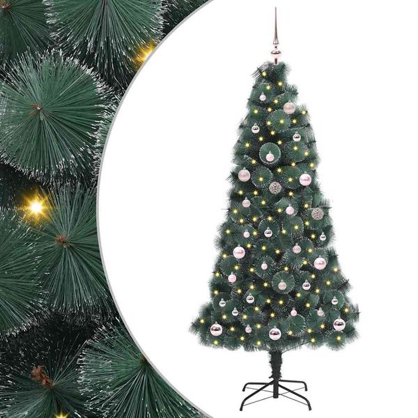 vidaXL Umelý predsvietený vianočný stromček s guľami Zelená 150 cm PET