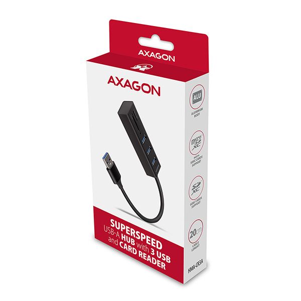 AXAGON HMA-CR3A, USB 3.2 Gen 1 hub, porty 3x USB-A + čítačka kariet SD/microSD, kovový, kábel USB-A 20 USB Hub, externý, 3x USB 3.0, čítačka pamäťových kariet, 0,2 m, kovové telo, čierny