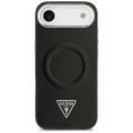 Puzdro Guess Case Magsafe PU Leather Case s trojuholníkovým logom a strieborným kovovým rámom fotoaparátu pre iPhone 17 Air čierne