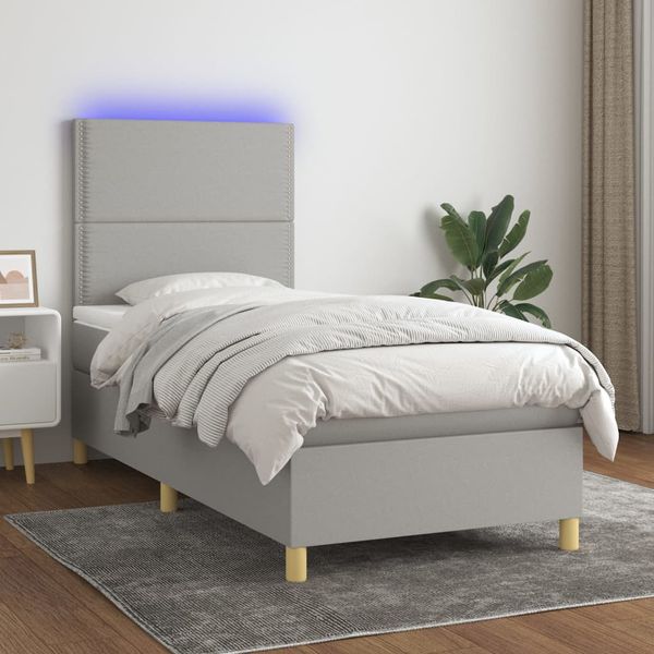 vidaXL Posteľ boxsping s matracom a LED bledosivá 90x200 cm látka