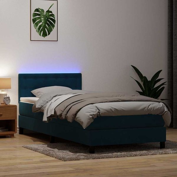 vidaXL Posteľný rám boxsping s matracom a LED tmavomodrý 100x220 cm zamat