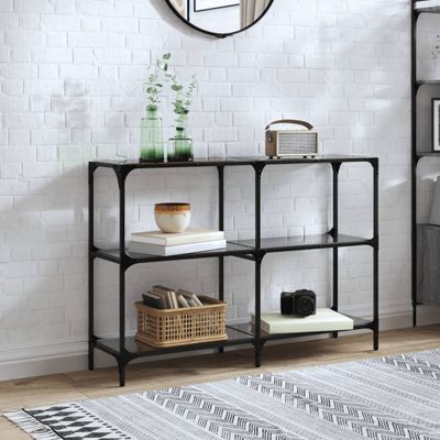 vidaXL Konzolový stolík s čiernou sklenenou doskou 118,5x30x81 cm oceľ