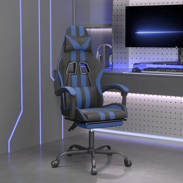 vidaXL Otočná herná stolička s podnožkou čierna a modrá umelá koža