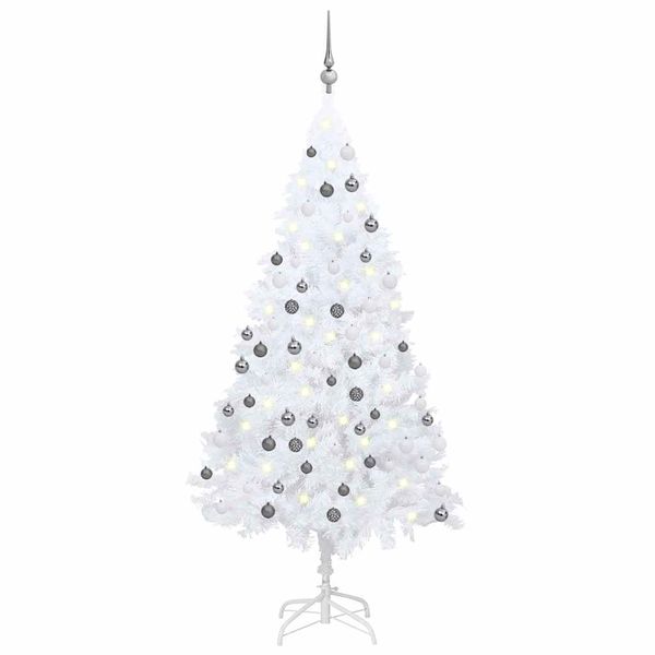 vidaXL Osvetlený umelý vianočný stromček s guľami, biely 150 cm, PVC