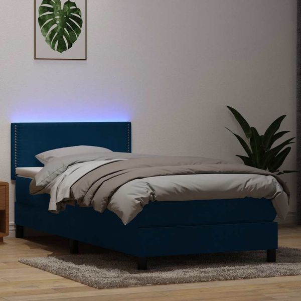 vidaXL Posteľný rám boxsping s matracom a LED tmavomodrý 80x210 cm zamat