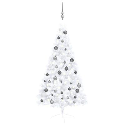 vidaXL Osvetlený umelý polovičný vianočný stromček+gule, biely 150 cm