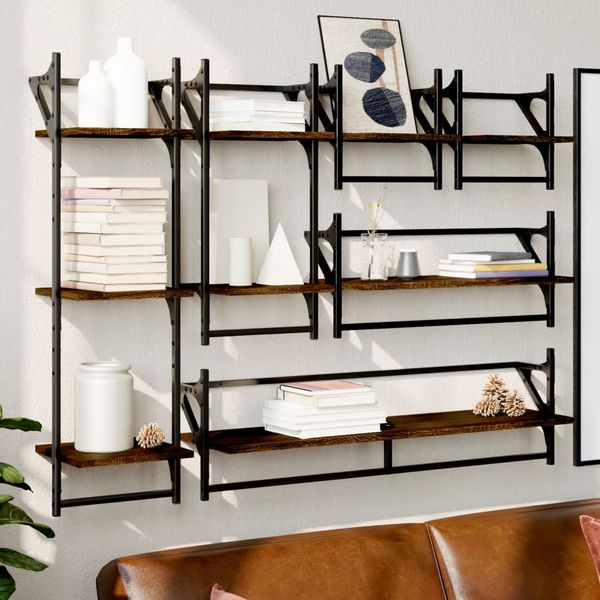 vidaXL 6-dielna súpr. nástenných políc s tyčami hnedý dub komp. drevo