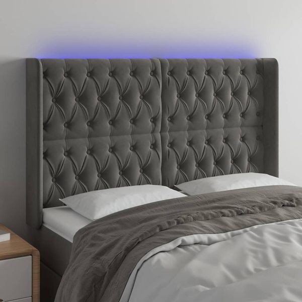 vidaXL Čelo postele s LED tmavosivé 163x16x118/128 cm zamat