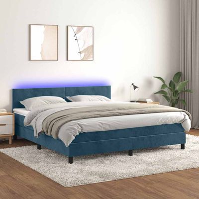 vidaXL Posteľný rám boxsping matrac a LED tmavomodrý 180x200 cm zamat
