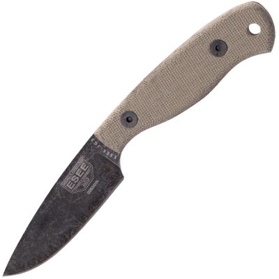 ESEE-JG3-BO Camp-Lore bushcraft nôž 8,9 cm, Stonewash Black Oxide, hnedá, Micarta, kožené puzdro