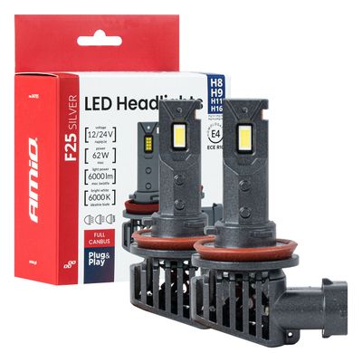 LED žiarovky hlavného svietenia Séria F25 SILVER FULL CANBUS H8/H9/H11/H16 62W 12V 24V AMIO-04705