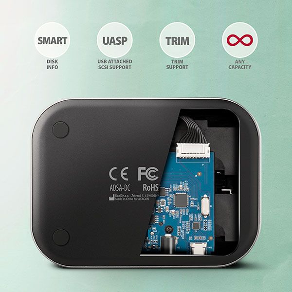 AXAGON ADSA-DC, USB-C 5Gbps - 2x SATA 6G 2.5"/3.5" SSD/HDD CLONE DUAL dokovacia stanica Box na disk, externý, pre 2× 2,5"/3,5" HDD/SSD, USB-C 3.2 Gen1, SATA III, klonovanie disku, hliník, strieborný + AC adaptér
