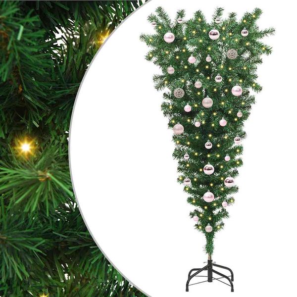 vidaXL Prevrátený umelý vianočný stromček s guľami Zelená 150 cm PVC