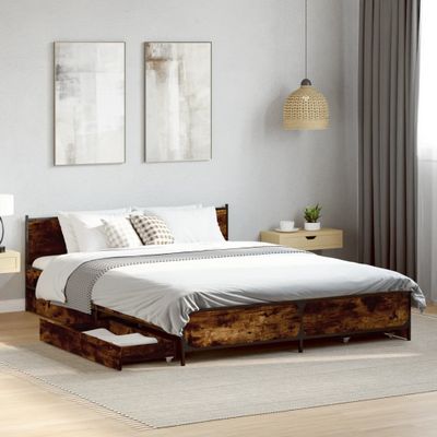 vidaXL Posteľný rám so zásuvkami dymový dub 135x190cm kompozitné drevo