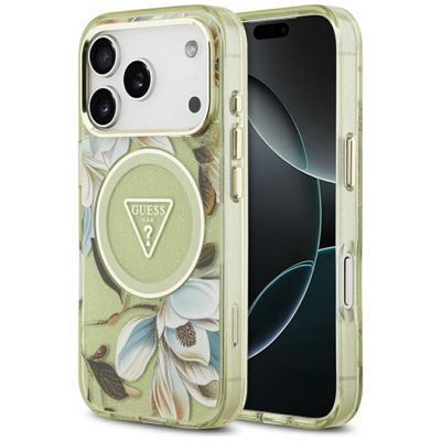 Guess IML Glitter Flowers Triangle MagSafe puzdro na iPhone 17 Pro Max zelené