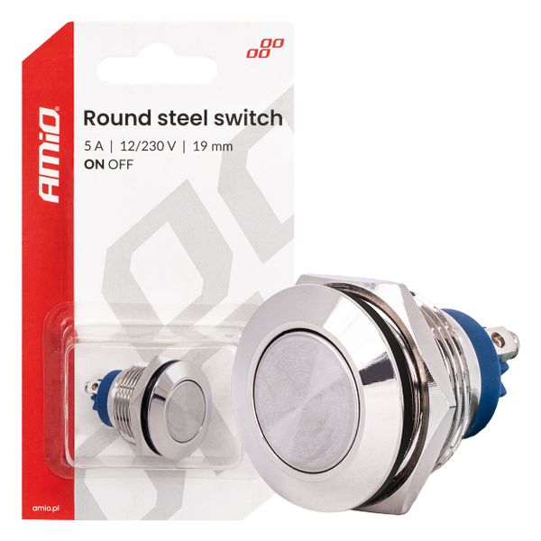 Spínač plochý oceľový ON/OFF 19mm 5A 12/230V AMiO-04474