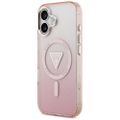 Puzdro Guess Case Magsafe IML Gradient s potlačou trojuholníkového loga a striebornými kovovými tlačidlami fotoaparátu pre iPhone 17 ružové