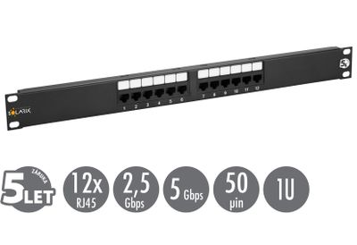 19'' patch panel Solarix 12 x RJ45 CAT5E UTP 150 MHz čierny 1U SX12-5E-UTP-BK