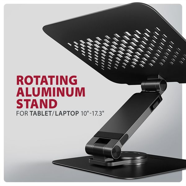 AXAGON hliníkový stojan pro notebooky velikosti 10" - 17,3" s 360°rotací / STND-LR / černý Stojan, pro notebooky a tablety 10"–17.3", nosnost až 5kg, 360° rotace, nastavitelná výška 260 mm, výsuvné rameno 60 mm, hliník,